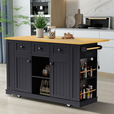 K&K 53Inch Large Kitchen Island With Drop Leaf,Power Outlet,Door Internal Storage Rack,Rolling Kitchen Cart On 5 Wheels With 5 Open Side Racks For Kit by Ophelia & Co.