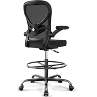 Big And Tall Drafting Office Chair - Black, With Footrest Ring, Lumbar Support, Flip-Up Armrests & Heavy Rolling Base (Ideal For Counter Height/Standi by Orren Ellis