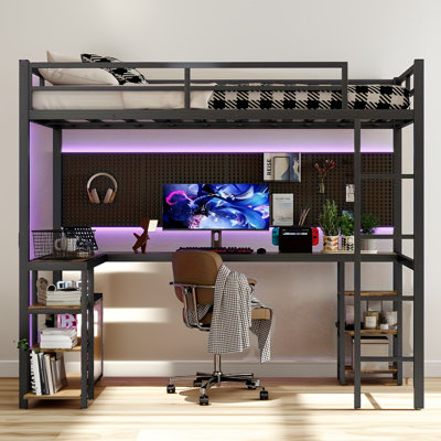 Full Xl Metal Loft Bed With Built-in Desk And Bookshelves, Black Space-saving Loft Bed Frame With Ladder & Guardrails For Teen & Adult Bedrooms by 17 Stories