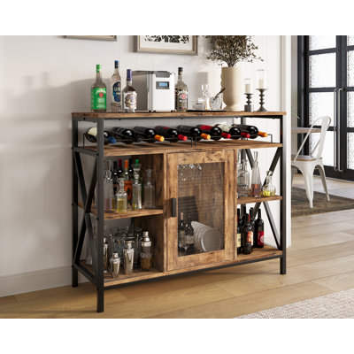 Wine Bar Cabinet With Storage, Industrial Liquor Cabinet With Wine Rack & Glass Holder, Small Wood Metal Cart Bar Table Sideboard Buffet For Home Kitc