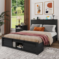 Farmhouse Wood Bed Frame, Sliding Barn Door Footboard Storage Cabinets,Including Charging Stations And LED Lights