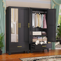Steel Armoire Wardrobe Closet with Mirror Doors, 71" Household Wardrobe Cabinet with Hanging Rod and Drawer, Metal Clothing Storage Cabinet with Adjus by Winston Porter