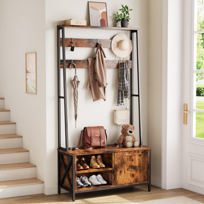 Hall Tree With Bench And Shoe Storage, Wood Look,White Color by 17 Stories