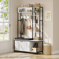 Hall Tree Coat Rack Country Style Hall Tree  Steel Frame, Retro Brown, 39.37 X 15.74 X 69.69 In by 17 Stories