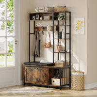 Hall Tree Coat Rack Country Style Hall Tree  Steel Frame, Retro Brown, 39.37 X 15.74 X 69.69 In by 17 Stories