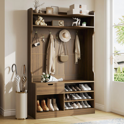 Hall Tree With Bench, Simple Style, White Embossed Wood Grain, 42.9x15.94x70.86 In by Lark Manor