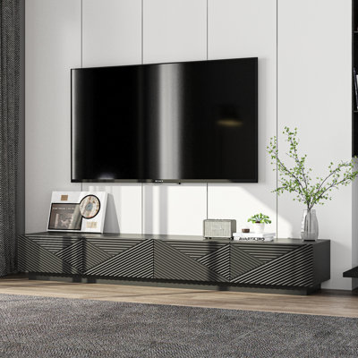 78.7" Modern Black MDF TV Stand With Handle-Free Push-To-Open Doors, Hydraulic Support, And Textured Front Panel For Living Room Entertainment by Ivy Bronx