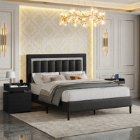 Diamond Tufted Upholstered Platform Bed Frame with Matching LED Nightstands Bedroom Set by Wrought Studio
