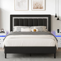 Diamond Tufted Upholstered Platform Bed Frame with Matching LED Nightstands Bedroom Set by Wrought Studio