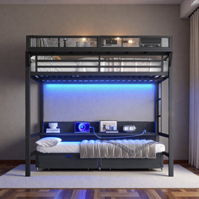 Bunk Bed With Storage Shelves And Drawers,Multifunctional Metal Bunk Beds With USB Ports And LED Lights, Lower Bed That Can Be Converted Into A Sofa by Isabelle & Max