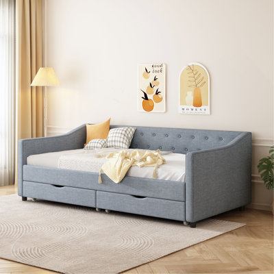 Twin Size Daybed With Drawers Upholstered Tufted Sofa Bed, With Button On Back And Piping On Waved Shape Arms by Mercer41