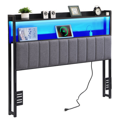 Upholstered Headboard - Integrated Storage Shelf & Led Strip Light & Dual Outlets - Perfectly Compatible With Adjustable Beds - Linen Color by Wrought Studio