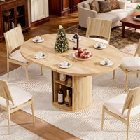 Large Round&Oval Dining Table With 4-Panel Easy Assembly & Hidden Storage In Fluted Base, Sturdy MDF Melamine Dinner Table For 8 Seater by Ebern Designs