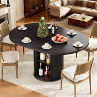 Large Round&Oval Dining Table With 4-Panel Easy Assembly & Hidden Storage In Fluted Base, Sturdy MDF Melamine Dinner Table For 8 Seater by Ebern Designs