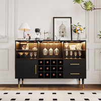47 Inch Bar Cabinet with LED Lights, Wood Liquor Cabinet with Storage and Charging Station,Modern Bar Table Furniture for Dining Room Living Room Apar