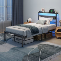 Bed Frame with LED Light and Charging Station, Metal Frame with Upholstered Headboard, Large Storage Space, No Box Spring Needed
