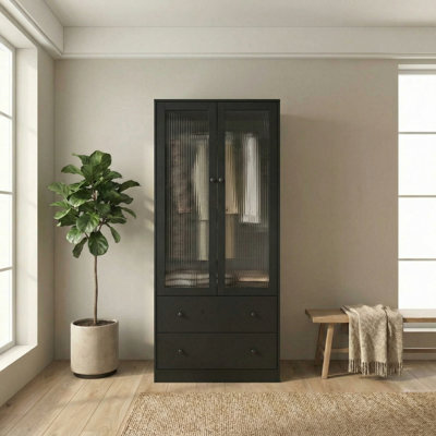 20" D Armoire Wardrobe Closet With Fluted Glass And Drawers, 71" H Clothing Storage Cabinet With Hanging Rod And Soft-Close Doors by Ebern Designs