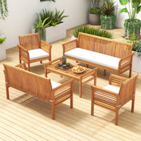 Set Of 5 Patio Furniture Set w/ Acacia Wood Frame & Removable Seat Cushions