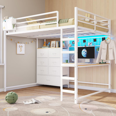 Full Loft Bed With L-shaped Desk And 7 Storage Drawers,metal Full Size Loft Bed For Led Lights And Charging Station,13.11" H Safety Guardrail And Ladd by Mason & Marbles