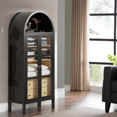72" Farmhouse Arched Glass Door Cabinet With Lights & Drawers, Black by Ophelia & Co.