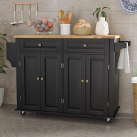 Rolling Kitchen Island With Drop Leaf, Movable Kitchen Carts On Wheels Island With Storage Cabinet, Island Table For Kitchen With Rubber Wood Top And by George Oliver