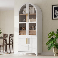 71" Tall Arched Kitchen Pantry Cabinet With Door Shelves, Farmhouse Kitchen Storage Cabinet With Open & Adjustable Shelves, Hidden Drawer & Glass Door