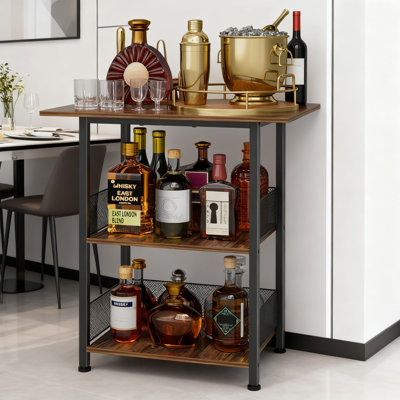 3-Tier Bar Cart With Locking Wheels, T-Shaped Serving Cart With Anti-Tip Guardrails For Wine Bottles, Glassware And Bar Essentials, Compact Corner Cab by 17 Stories