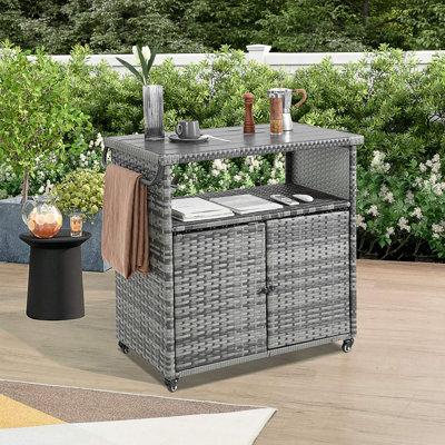 Outdoor Wicker Bar Cart With Wheels, Weather-Resistant Patio Beverage Serving Station For Garden And Poolside Entertaining by Bay Isle Home