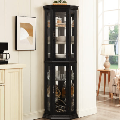 Sophisticated Glass Curio Cabinet With Built - In Led, Mirrored Back, And Adjustable Shelving, Black Elegant 3 Side Vintage Beads, Smooth Doors, Custo