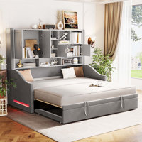 Daybed with LED Armrest Lights,Cabinets,Pull-Out Lift-Up Twin Trundle by Lark Manor