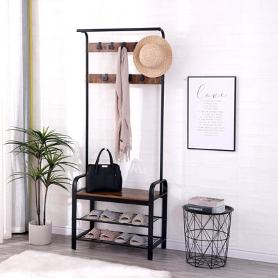 4-In-1 Hall Tree With Shoe Bench, Coat Rack, And Hanging Rod For Entryway, Rustic Brown And Black by 17 Stories
