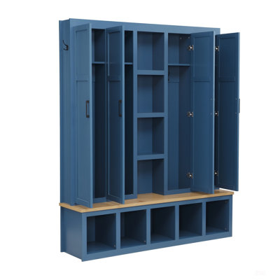 62.9W Farmhouse 4-In-1 Hall Tree With 6 Hooks, Mudroom Bench, And Open Compartments For Entryway Organization by Latitude Run