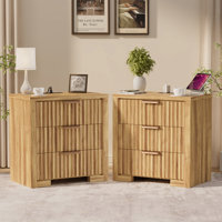 23.6"W 3-Drawer Nightstand With Outlets, Modern Fluted Wood Night Stand Bedside Table for Bedroom Living Room Closet by Latitude Run