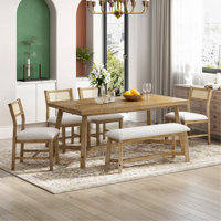 6-Piece Retro Farmhouse Style Dining Set, Rectangular Table And 4 Upholstered Chairs With Rattan And Bench For Dining Room And Kitchen (Natural Wood W by Ophelia & Co.
