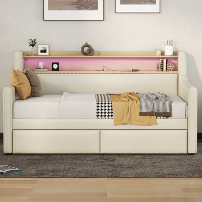 Twin Size Daybed With Drawers, Upholstered Daybed With Charging Station And LED Lights