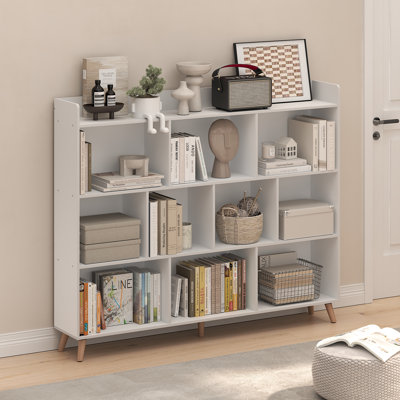 Claude Mid Century Style 10-cube Bookcase, Bookshelf, Storage Organizer With Wood Legs, White by George Oliver