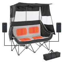 Heated Double Camping Loveseat with Canopy, Portable Folding Outdoor Chair with Cooler, Cup Holders & Side Pockets for Beach & Lawn by Rosecliff Heights