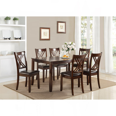 7-Pc Dinette Set Brown Espresso Finish Rectangular Table PU Upholstered Chairs Transitional Dining Room Wooden Dining Set Furniture by Lark Manor