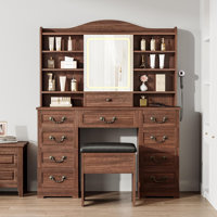 Makeup Vanity Desk with Mirror and Lights, Vanity Table with Chair, Vanity Desk with 10 Drawers and 10 Storage Shelves, Adjustable LED Light Makeup De by Red Barrel Studio