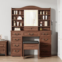 Makeup Vanity Desk with Mirror and Lights, Vanity Desk with 10 Drawers and 10 Storage Shelves, Vanity Table with Chair, 3 Colors Light Makeup Desk wit by Red Barrel Studio