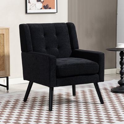 26.77" Mid-Century Modern Accent Chair, Upholstery Comfy Armchair With Button-Tufted Back, High-Density Foam Cushion And Black Solid Wood Legs by George Oliver