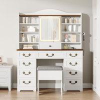 Makeup Vanity Desk with Mirror and Lights, Vanity Table with Chair, Vanity Desk with 10 Drawers and 10 Storage Shelves, Adjustable LED Light Makeup De by August Grove
