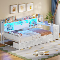 Twin Daybed Corner Bed Frame With 7 Drawers, Desk And Bookcase Storage, Metal Platform Bed With Charging Station