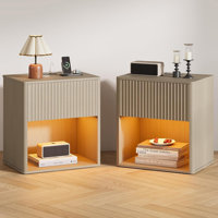 Fluted Nightstands Set 2, Side Tables with Charging Station & LED Light, Modern Mid Century End Table with Drawer by George Oliver