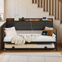 Twin Daybed With Trundle, Metal Day Bed Frame With Upholstered Storage Headboard And Charging Station, Heavy Duty Sofa Bed With Twin Trundle For Livin