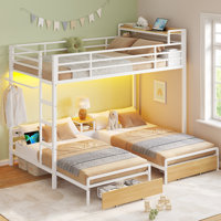 Twin Over Twin Bunk Bed With Storage Drawers And Charging Station, Bed With Led Light,Triple Metal Bunk Bed With Storage Shelves And Box,3 Beds With G by Isabelle & Max