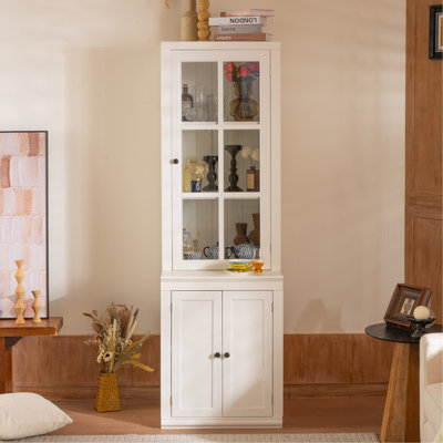 Tall Freestanding Pantry Cabinet With Glass Door & Lattice Window, Farmhouse Display Cabinets With Storage, Hutch With Double-Action LH&RH Door For Ha