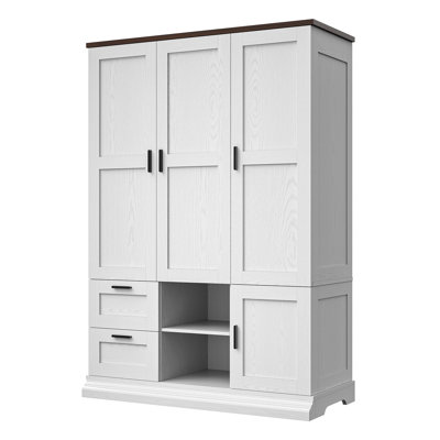 47.2" Wide Armoire Wardrobe Closet With 2 Drawers, 2 Hanging Rods, 3 Doors, Wooden Freestanding Bedroom Closet Cabinet With Adjustable Shelf, White by One Allium Way