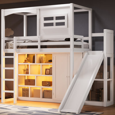 White Twin Loft Bed with Wardrobe, Storage Shelves, Slide & LED Lights, Wood Kids Bunk Bed by Hokku Designs