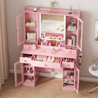 Vanity Desk with Lighted Mirror, RGB Glass Cabinet & Glass Top, White Makeup Dressing Table with 3 Drawers and 3 Color Modes for Bedroom by Ivy Bronx
